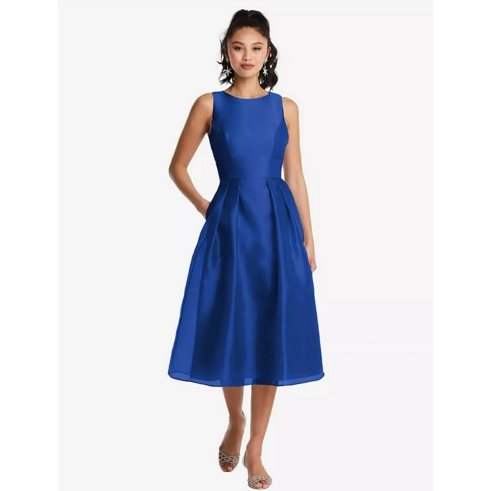 THREAD BATEAU NECK OPEN-BACK PLEATED SKIRT MIDI DRESS IN SAPPHIRE size 00